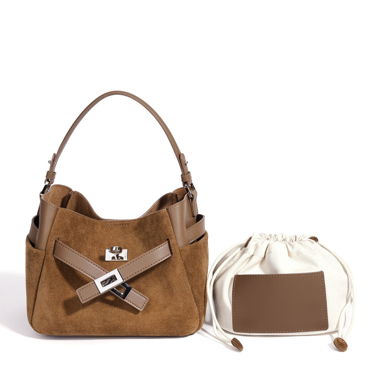 Women's Suede Cowhide Bucket Bag with Detachable Strap