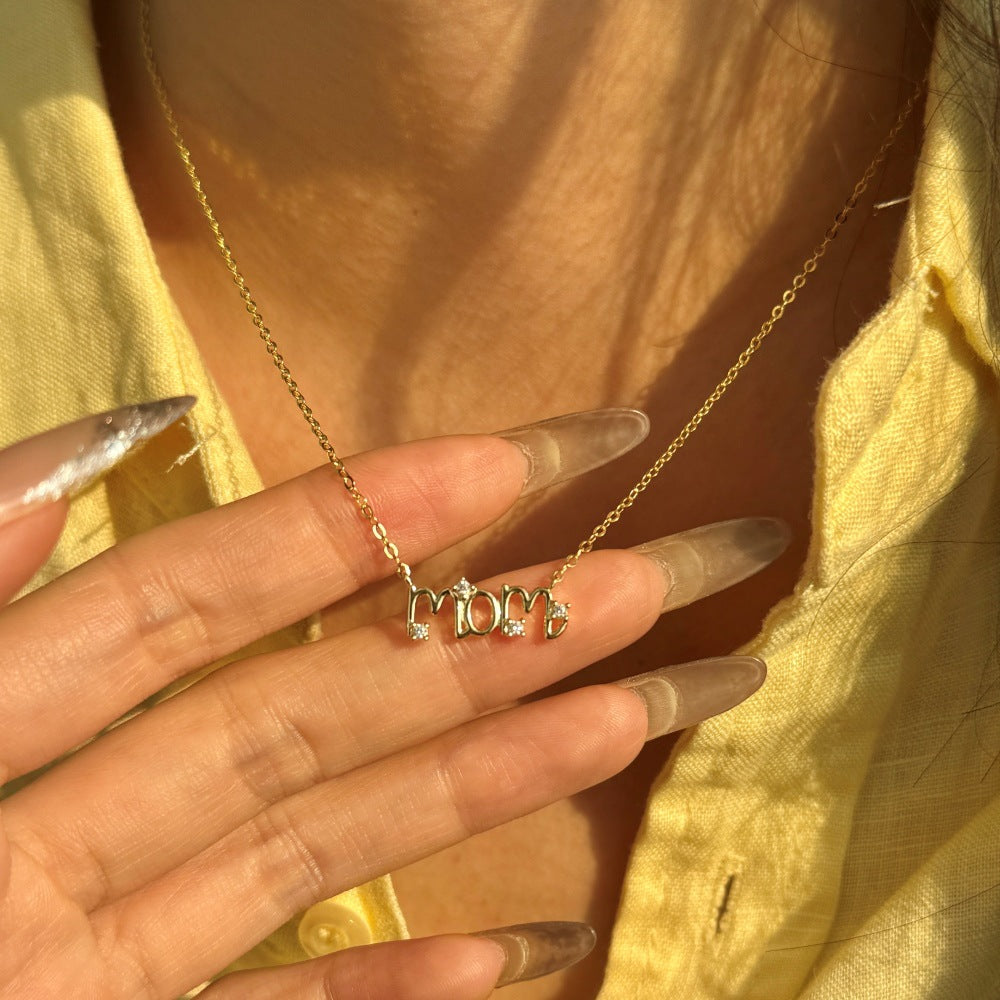 MOM S925 Sterling Silver Letter Necklace with Zircon Accents
