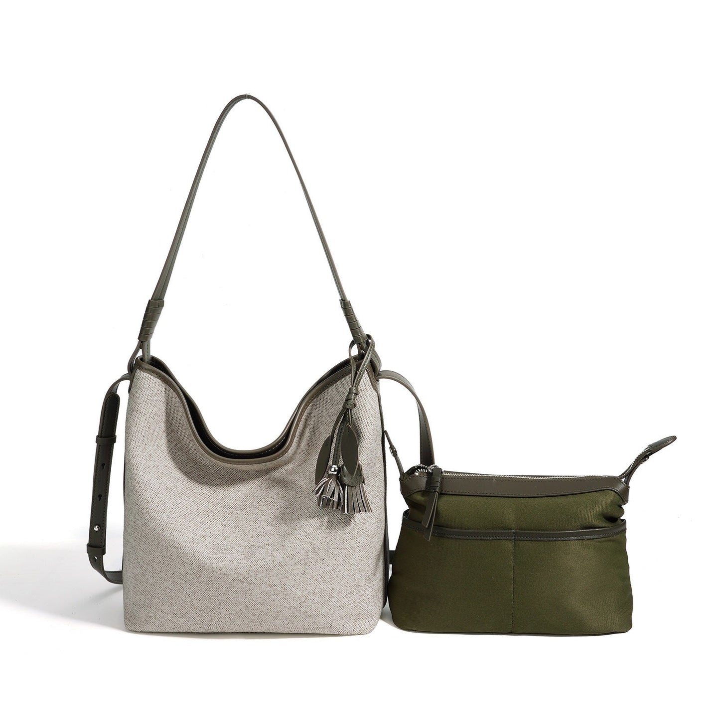 Women's Canvas Bucket Bag with Leather Trim and Tassel Charm