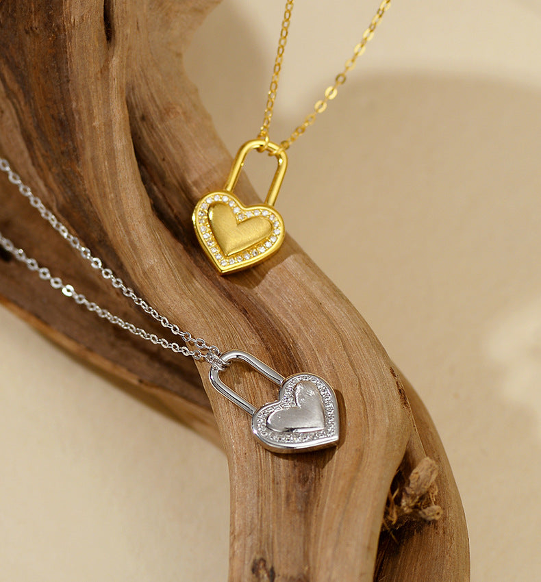 Elegant Heart Lock Necklace 925 Sterling Silver Micro Pavé Pendant Jewelry