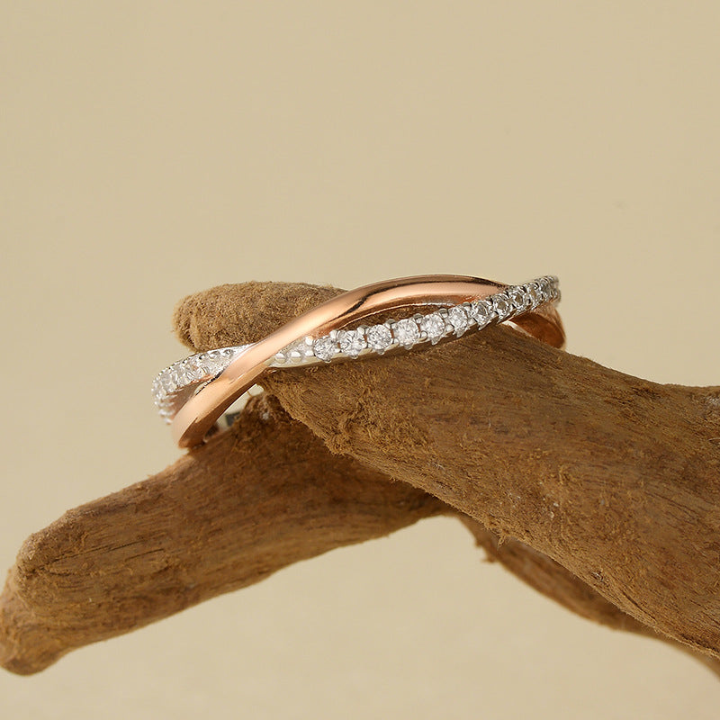 “Rosebound Duo” S925 Sterling Silver Two-Tone Double-Band Zircon Ring