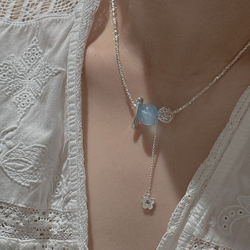 S925 Sterling Silver Ocean Bloom Necklace Aquamarine Zircon Flower Beaded Chain