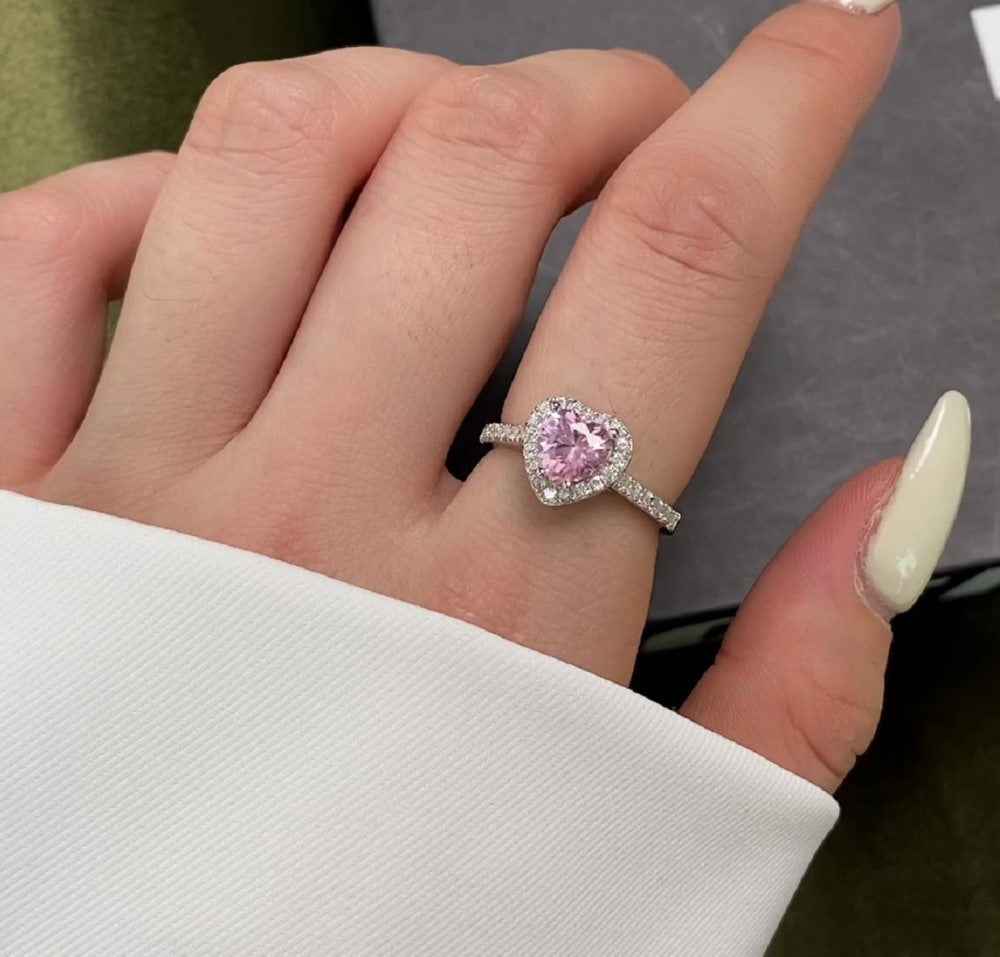 925 Sterling Silver Pink Heart Double Halo Ring – Halo Blossom Heart
