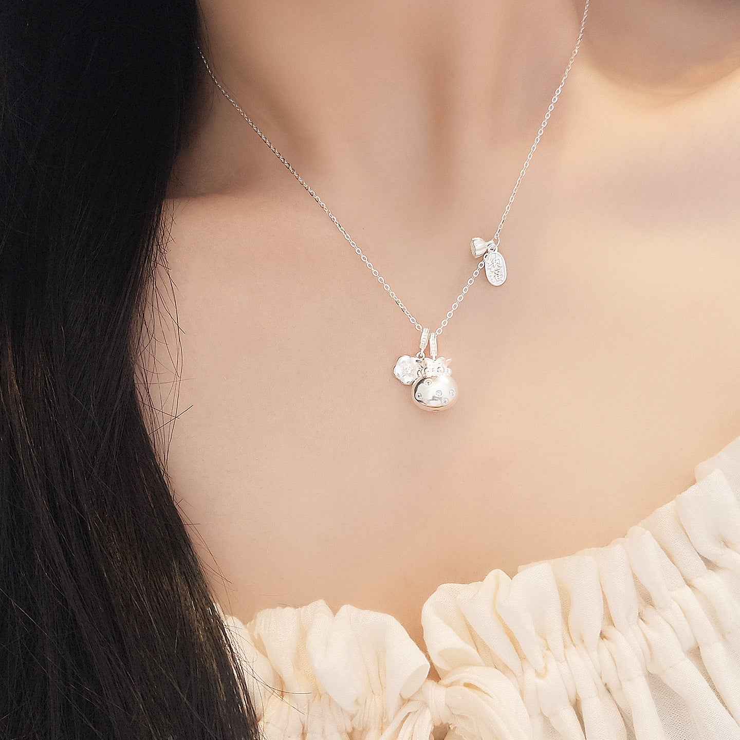 Fortune Bloom Lucky Pouch Pendant Necklace with Zircon in S925 Sterling Silver