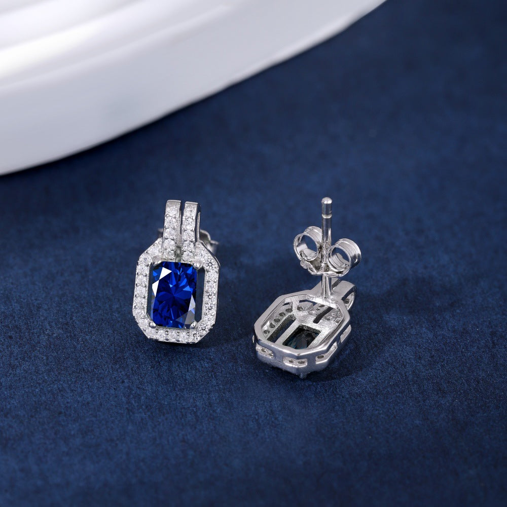 Sugar Halo Emerald-Cut Zircon Rectangle Stud Earrings in S925 Sterling Silver