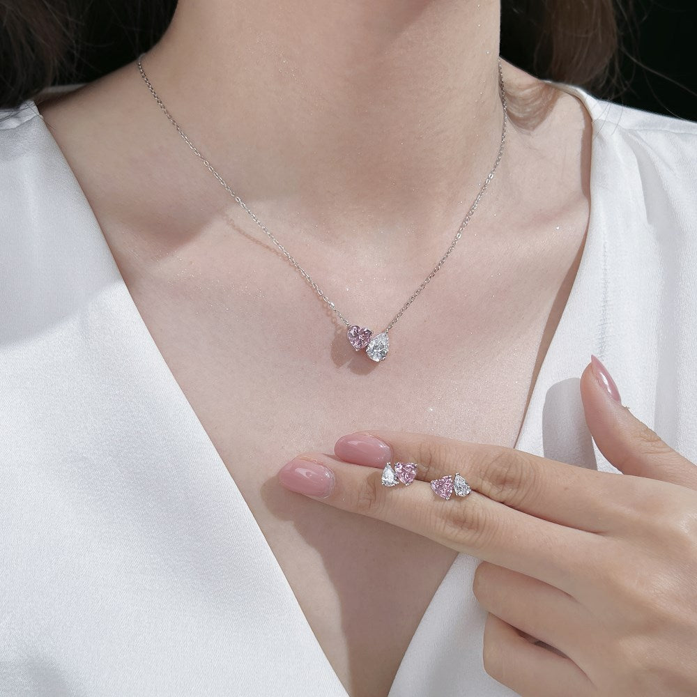 S925 Sterling Silver Heart & Tear Jewelry Set Necklace Stud Earrings CZ Elegant Set