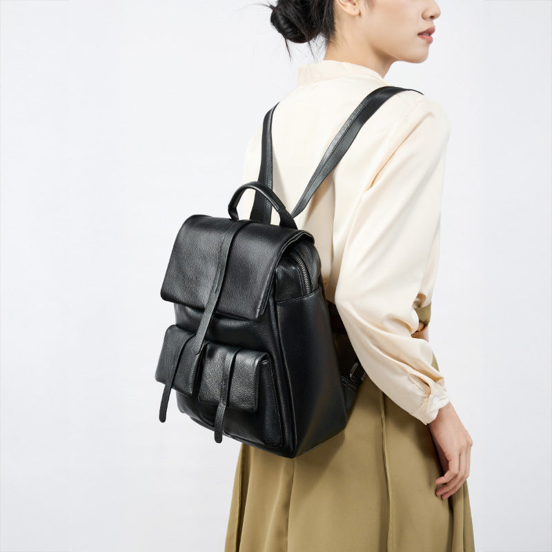 Women's Pebbled Cowhide Flap Backpack with Multiple Pockets