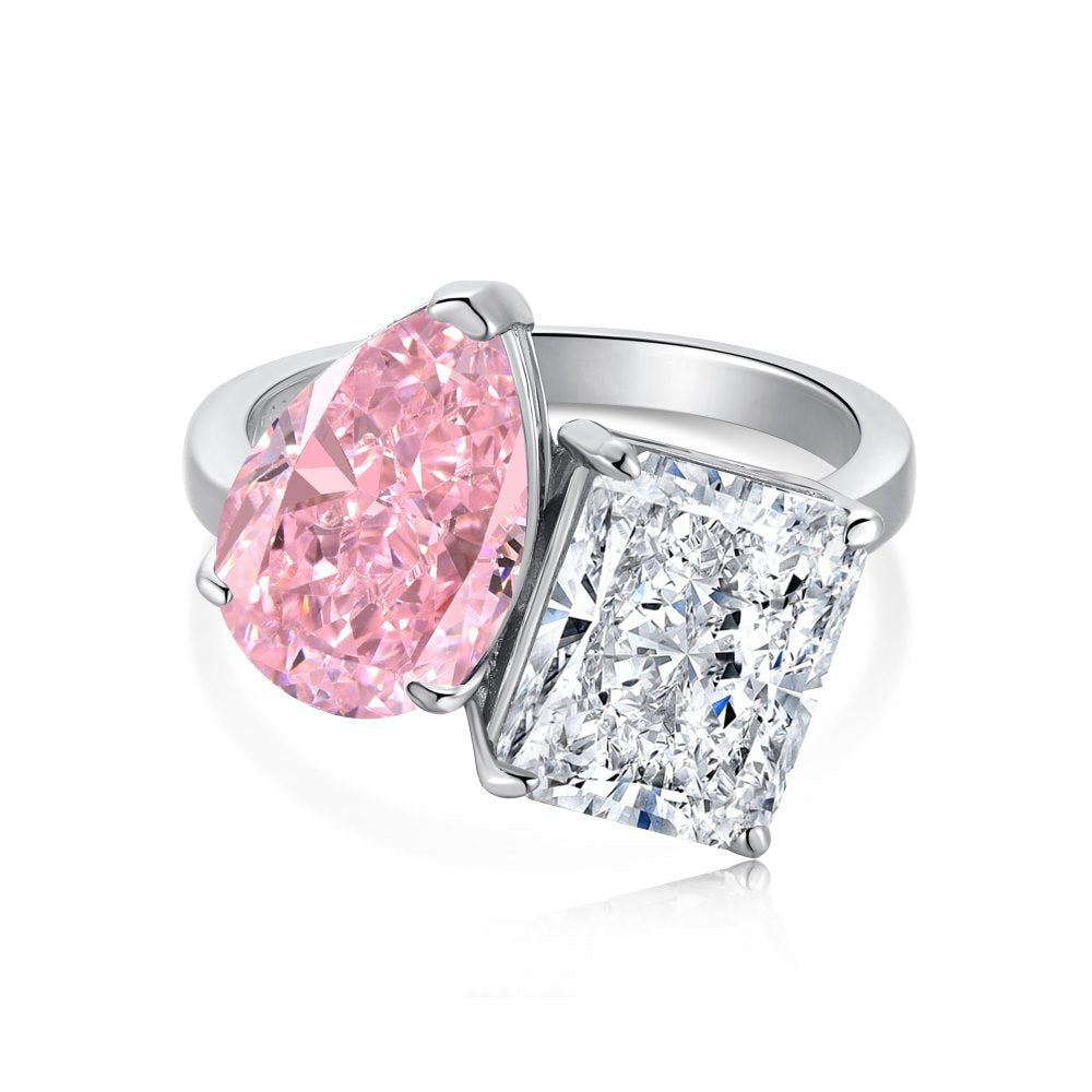 S925 Sterling Silver Radiant Duo Ring 8A Zircon Square Teardrop Design