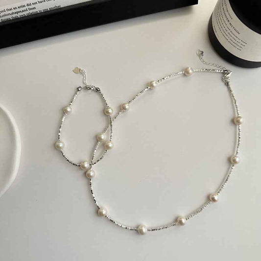 S925 Sterling Silver Freshwater Pearl Necklace and Bracelet Set Adjustable