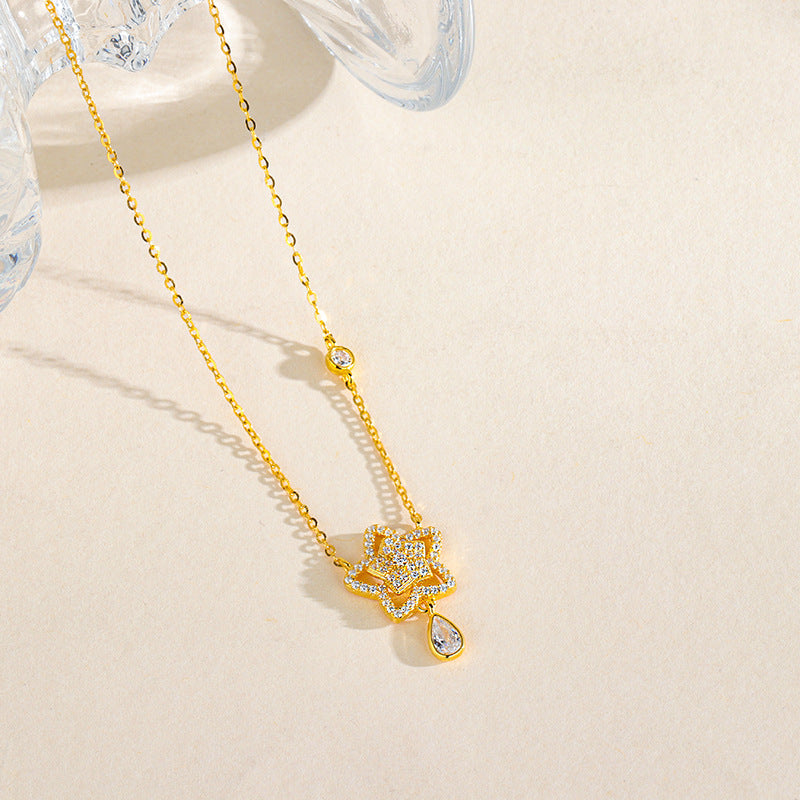 Starlit Dew Star Pendant Necklace with Teardrop Zircon in S925 Sterling Silver