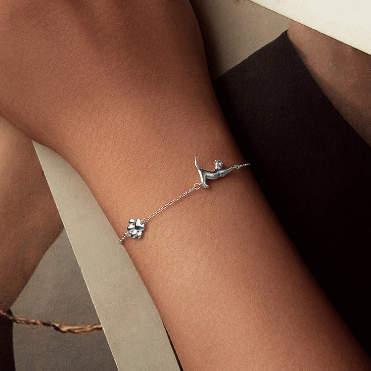 925 Sterling Silver Lazy Stretch Cat Bracelet White Gold Plated Cat Jewelry