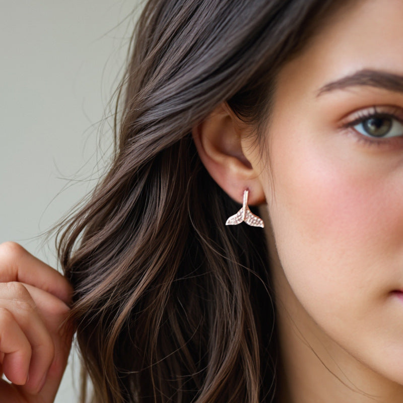 “Mermaid Gleam” S925 Sterling Silver Fish Tail Hoop Earrings with Sparkling Accents