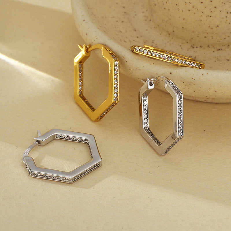 “Hexa Glow” S925 Sterling Silver Hexagon Hoop Earrings with Sparkling Accents