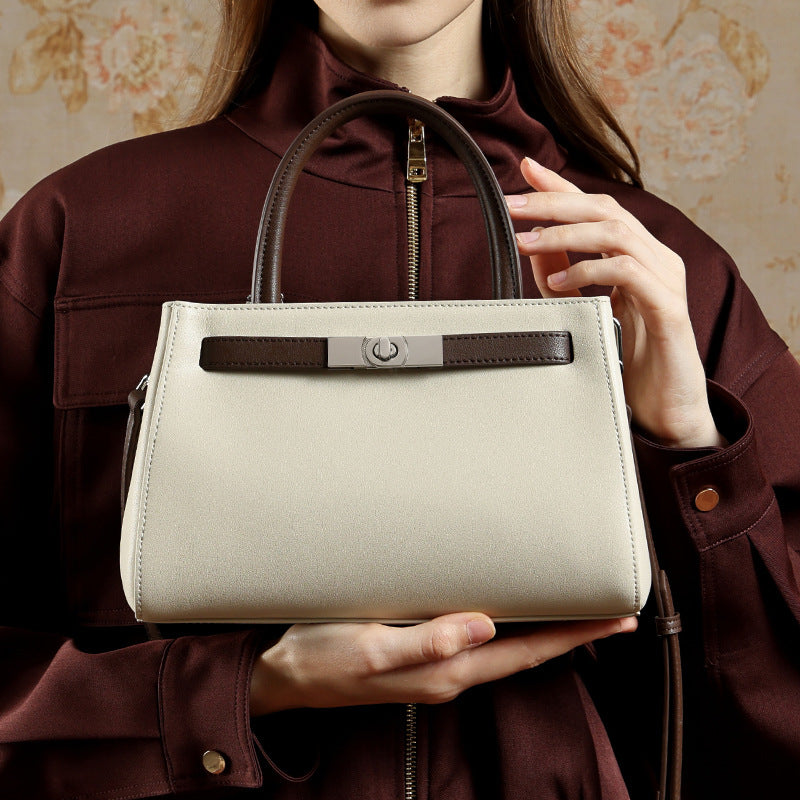Women's Nappa Cowhide Turn-Lock Satchel with Detachable Strap