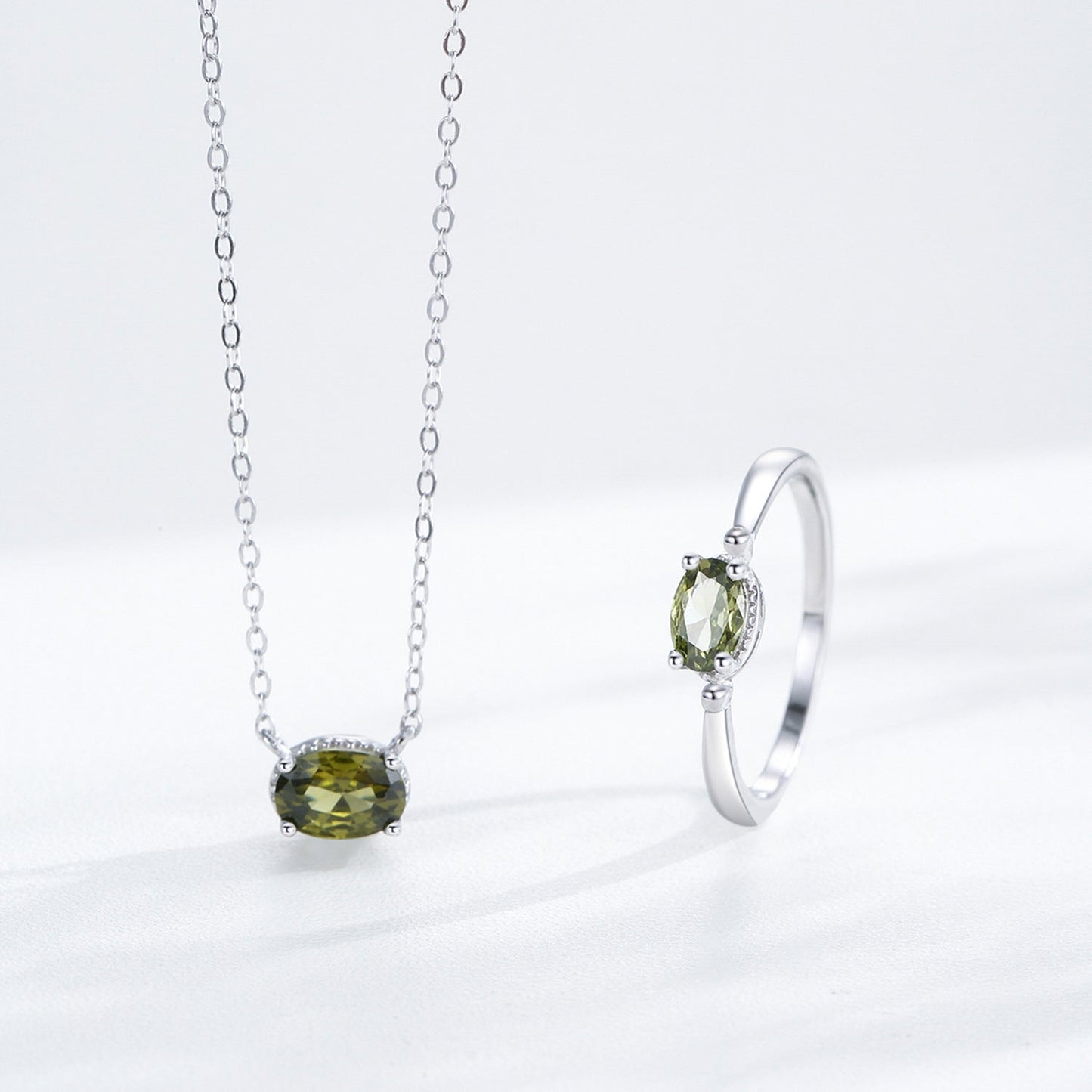 Olive Glow Green Zircon Necklace Ring Set 925 Sterling Silver