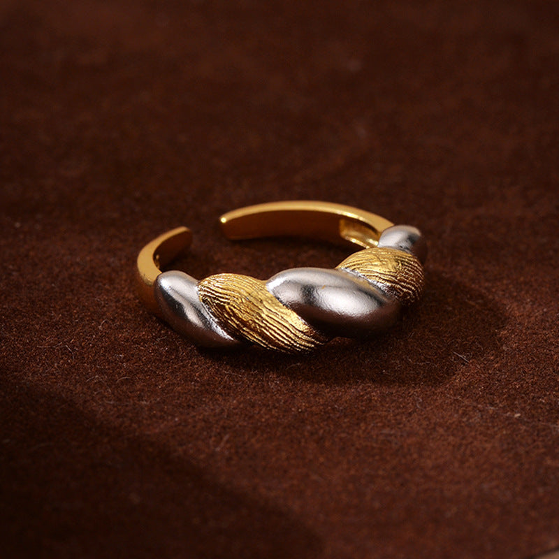 “Dual Twist” S925 Sterling Silver Open Adjustable Two-Tone Twisted Ring
