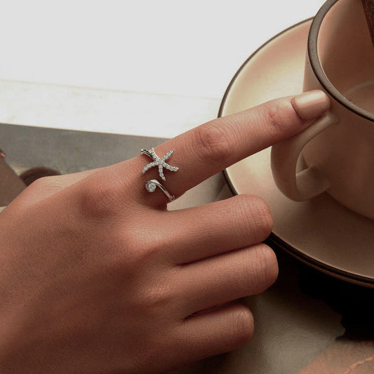 Starlit Tide S925 Sterling Silver Starfish Pavé Open Ring