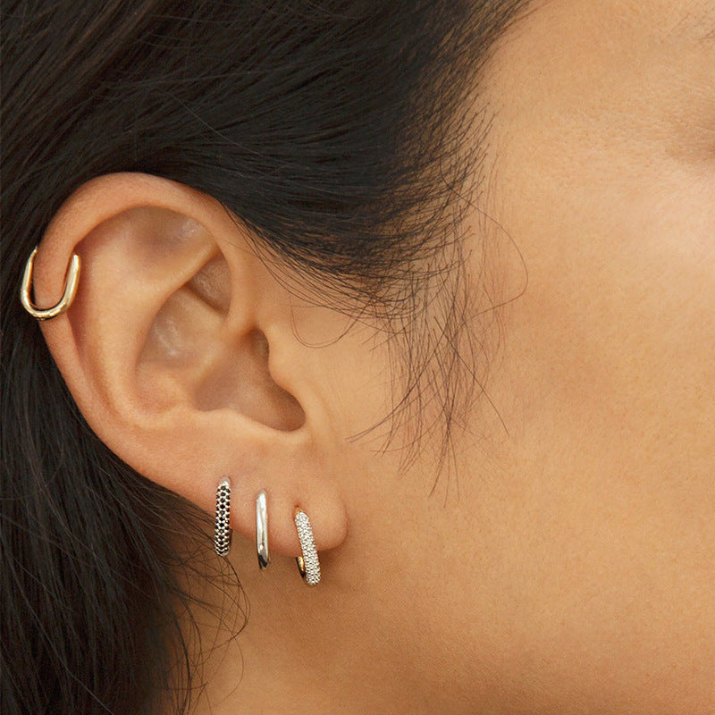 “Oval Line Luxe” S925 Sterling Silver Pavé U-Shaped Hoop Earrings