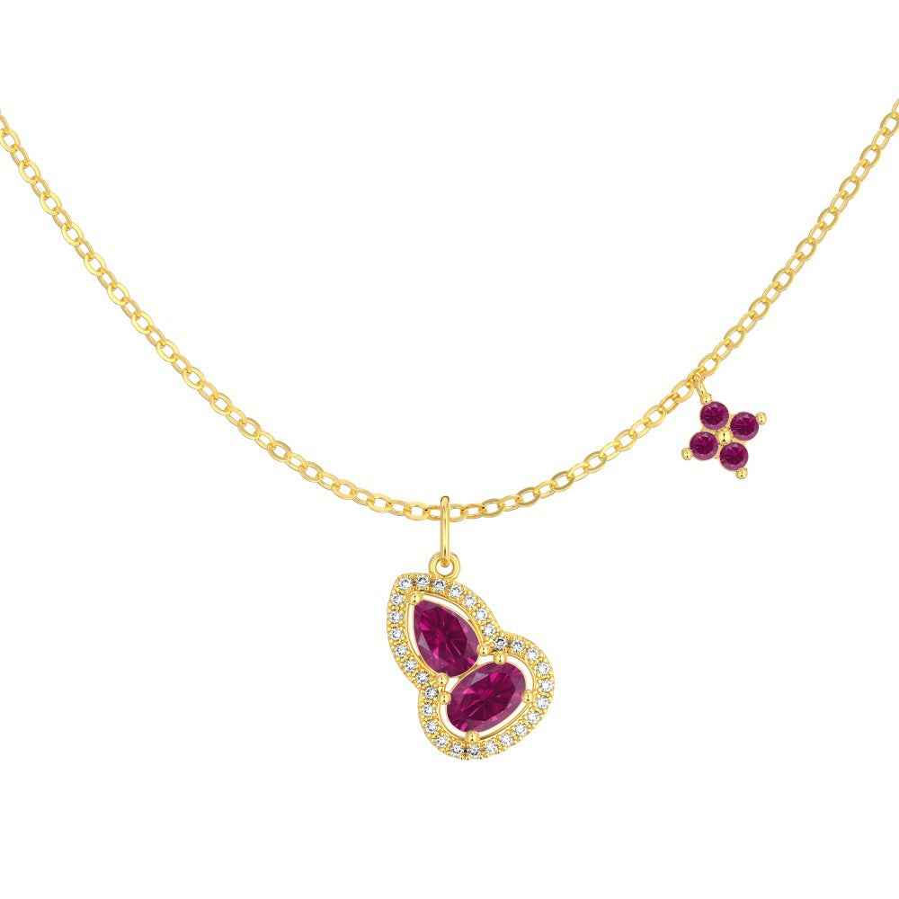 Crimson Gourd Double Drop Necklace with Red Zircon in S925 Sterling Silver