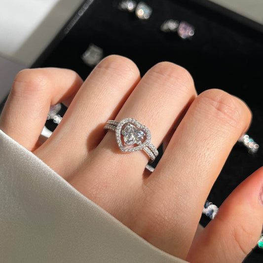 S925 Sterling Silver Heart Duet Stackable Ring Set 5A Zircon White Pink