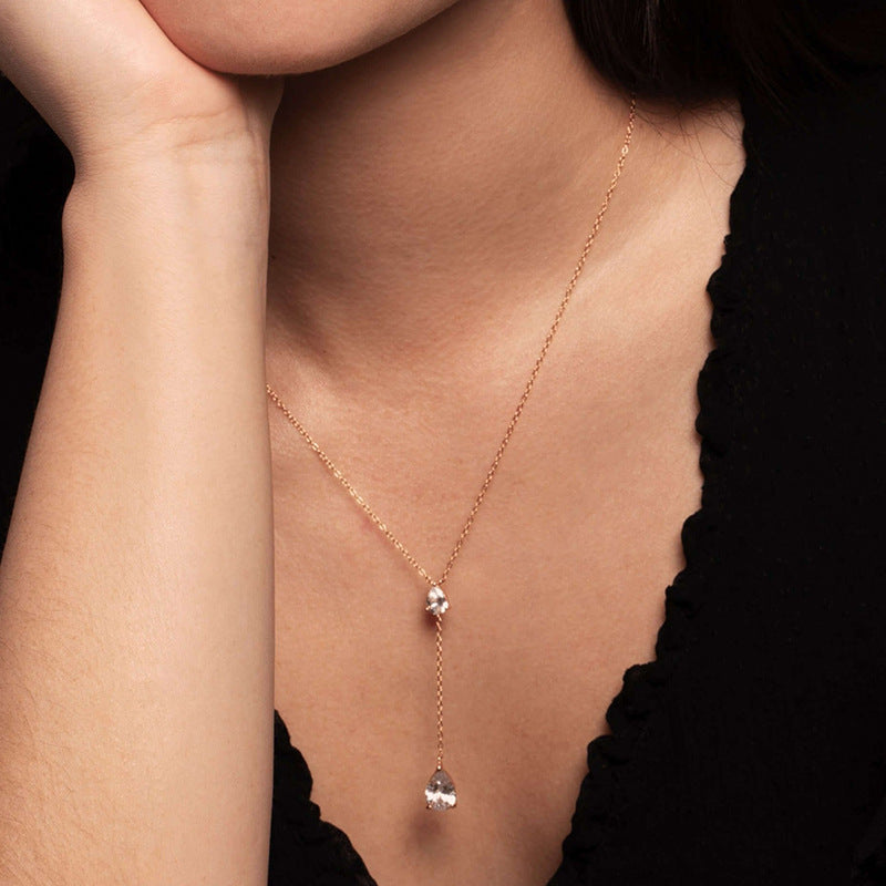 “Y-Line Eclat” S925 Sterling Silver Zircon Y-Shaped Tassel Necklace