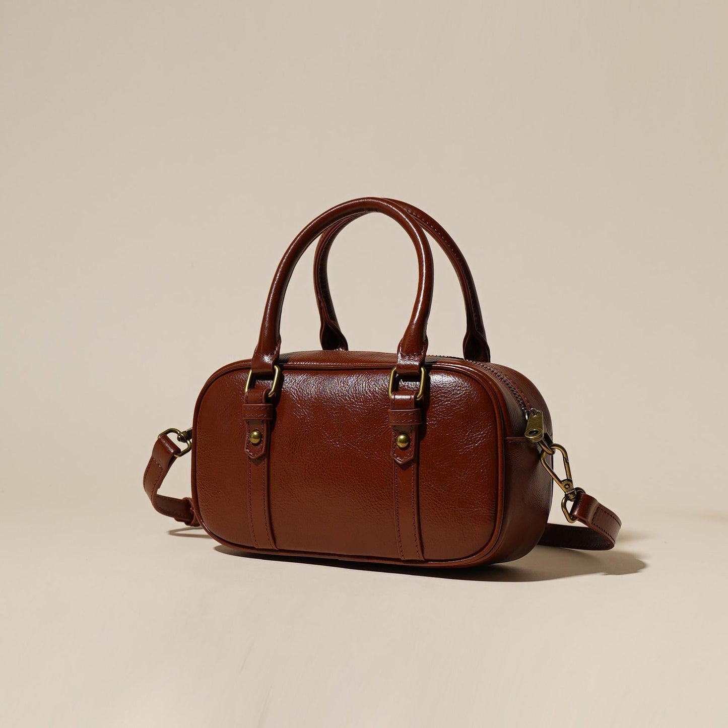 Women's Oil-Waxed Cowhide Mini Boston Bag with Top Handle
