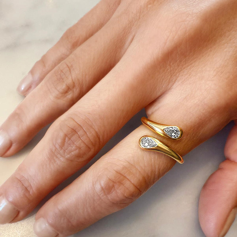 “Double Teardrop” S925 Sterling Silver Open Adjustable Zircon Ring