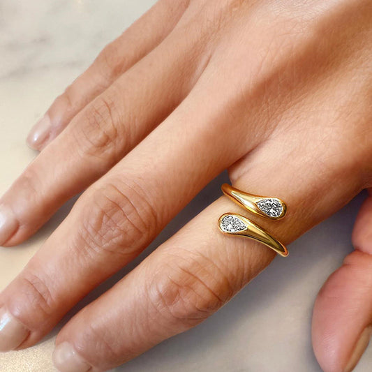 “Double Teardrop” S925 Sterling Silver Open Adjustable Zircon Ring