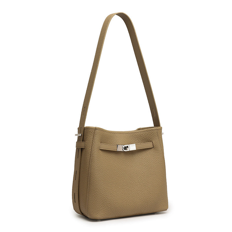 Women's Pebbled Cowhide Bucket Bag with Double-D Hardware