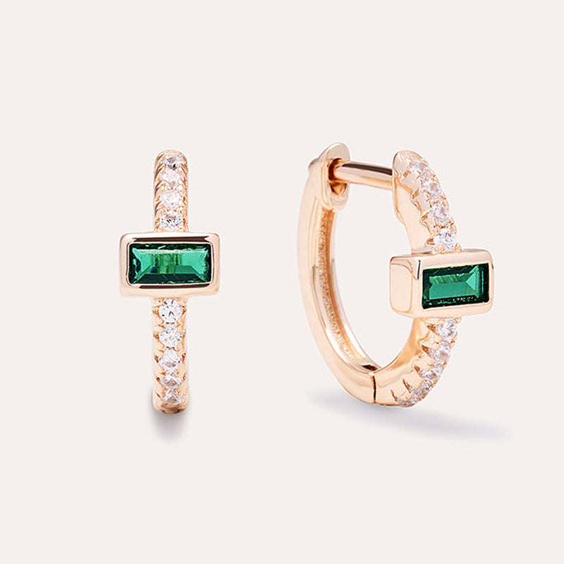 “Emerald Deco” S925 Sterling Silver Green Zircon Huggie Hoop Earrings