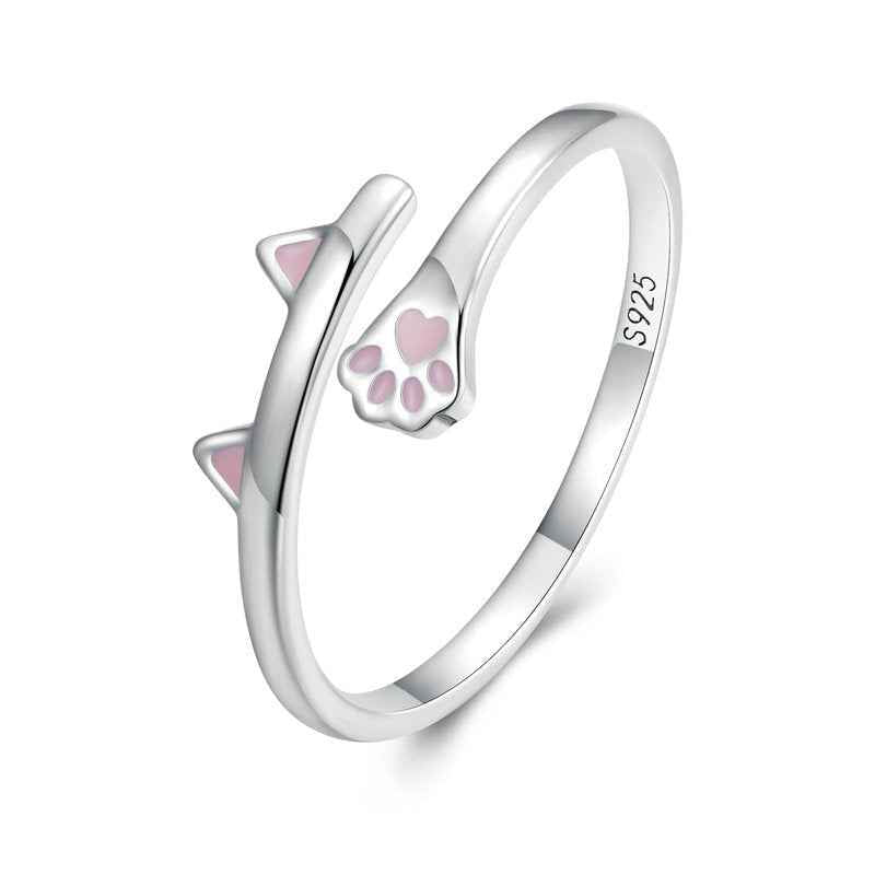 925 Sterling Silver Be Your Meow Cat Paw Pink Enamel Adjustable Ring