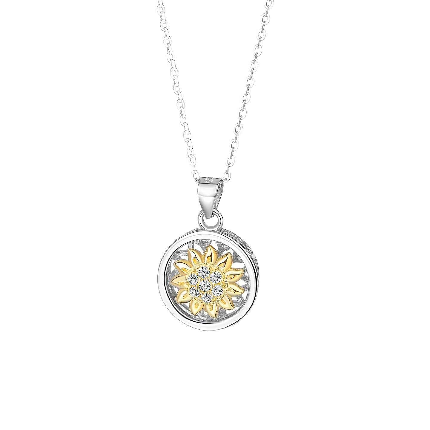 Sunlit Bloom Rotating Sunflower Pendant Necklace in S925 Sterling Silver