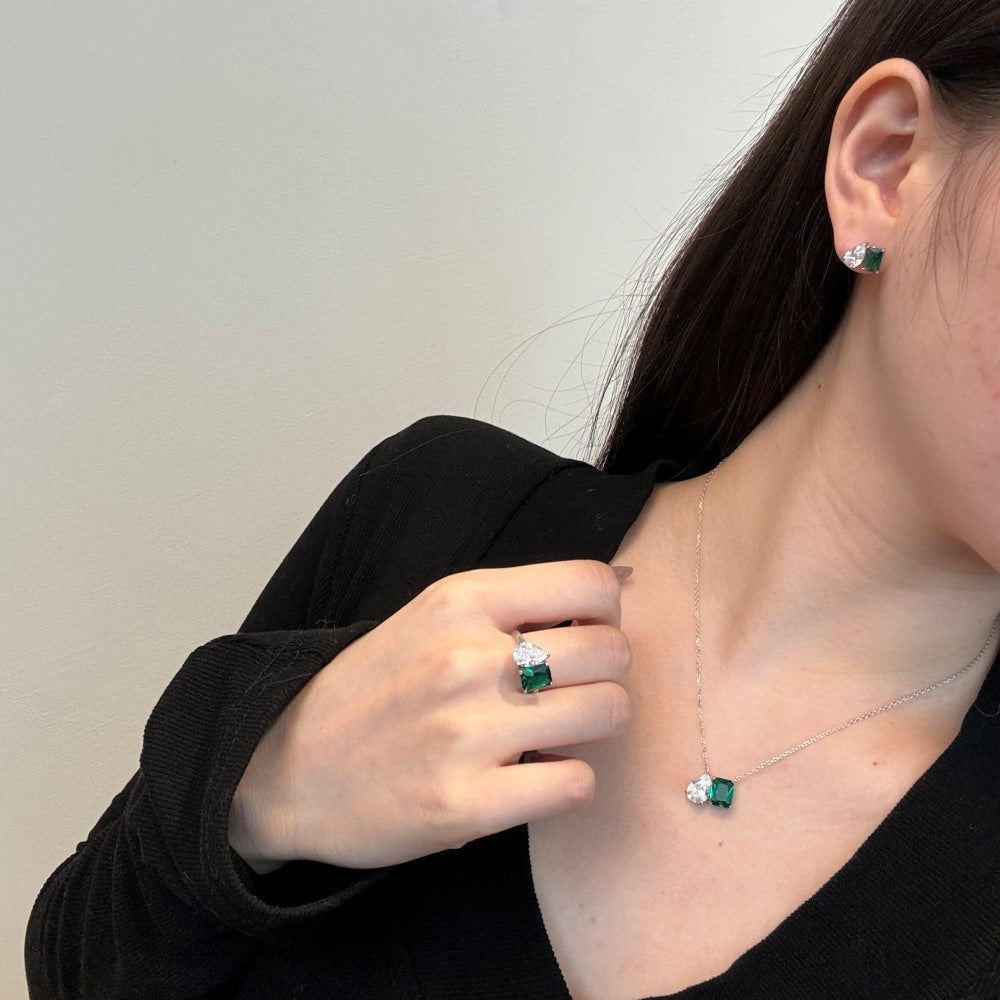 “Emerald Duet” S925 Sterling Silver Double-Stone Jewelry Set