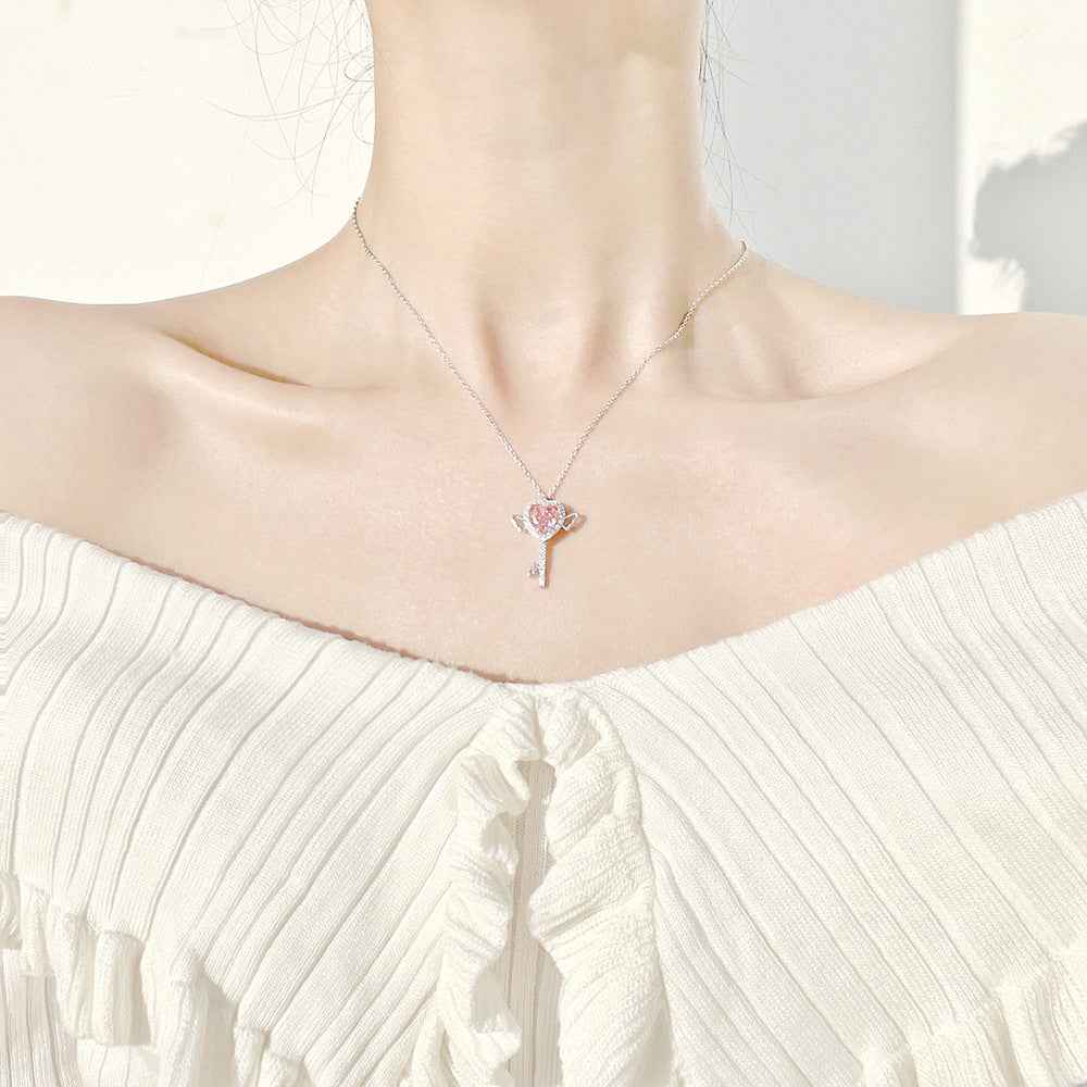 Cupid's Key Pink Heart Wing Key Necklace 925 Sterling Silver Zircon