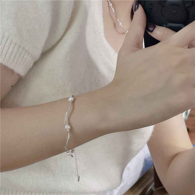 S925 Sterling Silver Waves & Pearls Jewelry Set Necklace Bracelet Freshwater Pearl