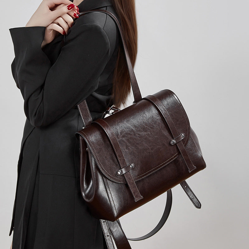 Women's Oil-Waxed Cowhide Convertible Flap Backpack