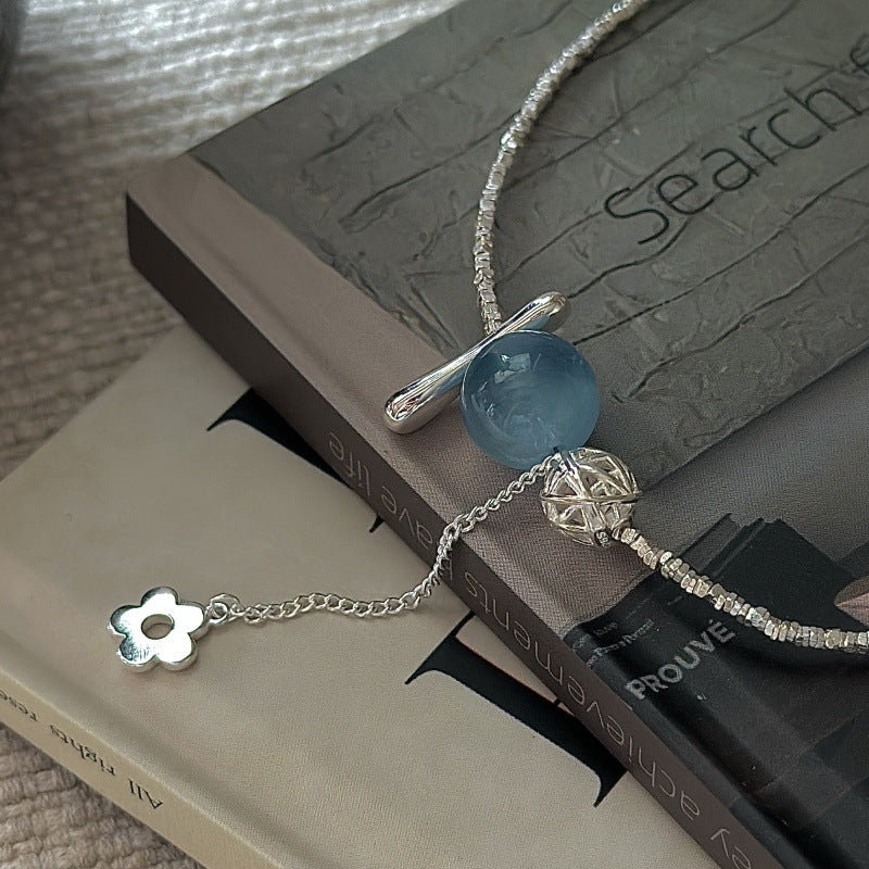 S925 Sterling Silver Ocean Bloom Necklace Aquamarine Zircon Flower Beaded Chain