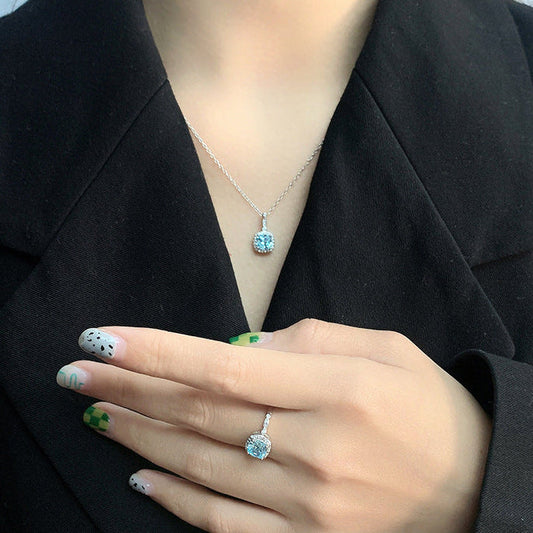 925 Sterling Silver Blue Zircon Halo Jewelry Set – Ocean Lumière