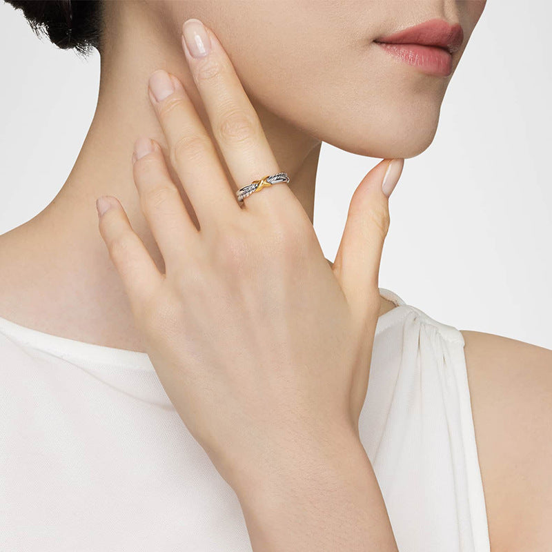 “Crossed Luxe” S925 Sterling Silver Two-Tone Interlocking Ring