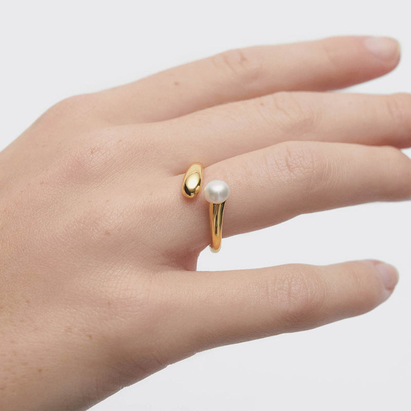 “Pearl Orbit” S925 Sterling Silver Open Adjustable Round Pearl Ring