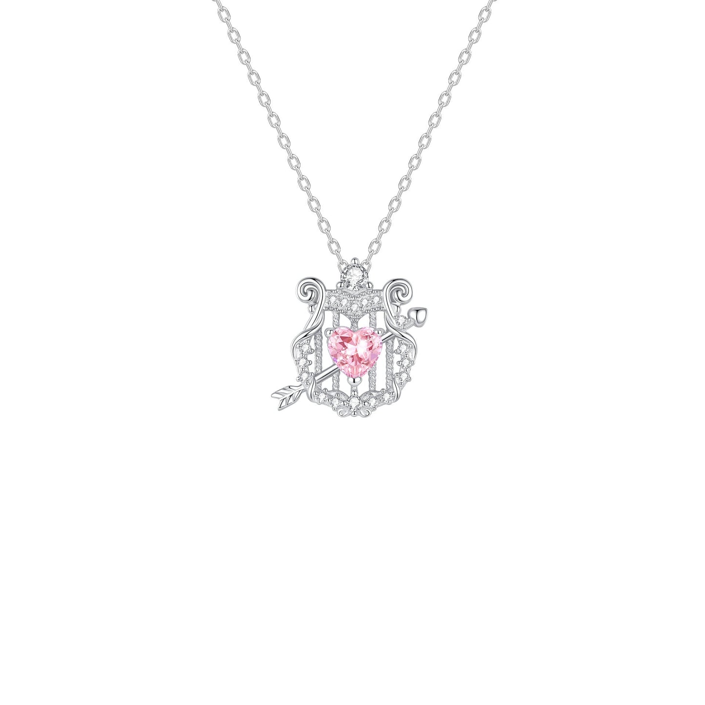 Cupid’s Lyre S925 Sterling Silver Pink Heart Zircon Pendant Necklace