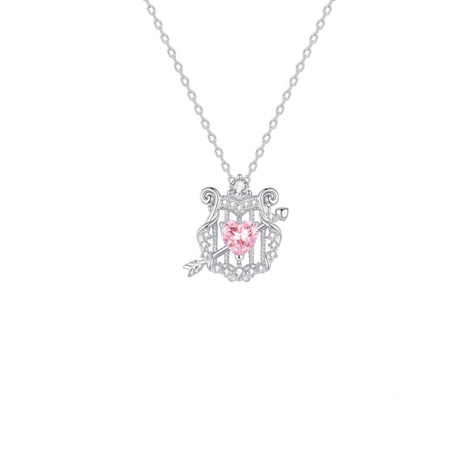 Cupid’s Lyre S925 Sterling Silver Pink Heart Zircon Pendant Necklace