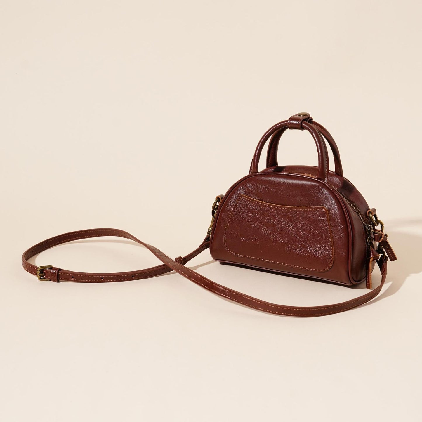 Women's Oil-Waxed Cowhide Mini Dome Boston Bag