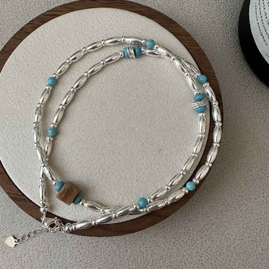 S925 Sterling Silver Turquoise Bead Necklace Adjustable Chain Vintage Style