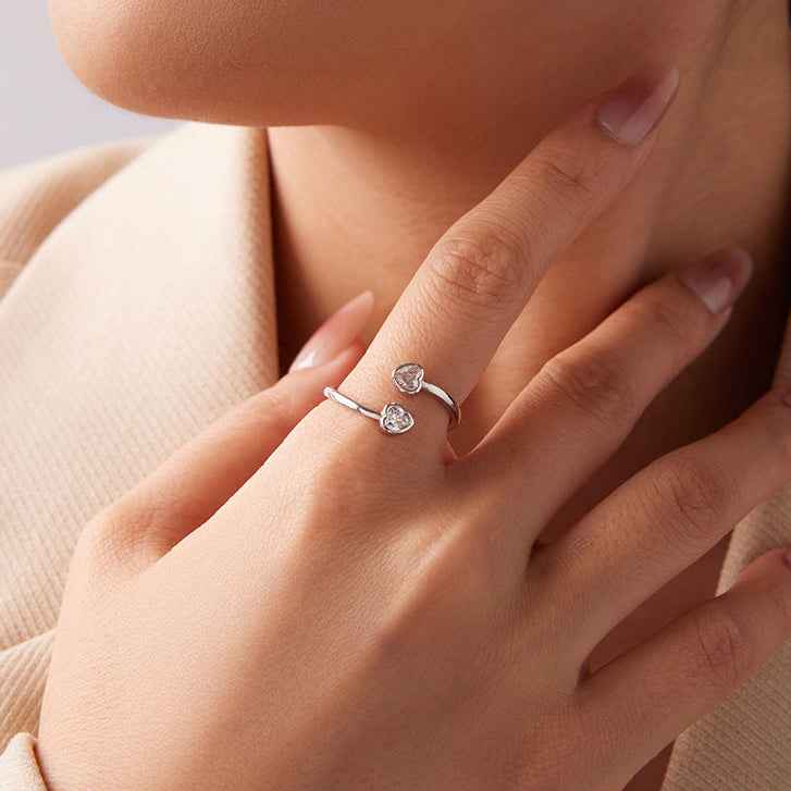 925 Sterling Silver Double Heart Adjustable Open Ring