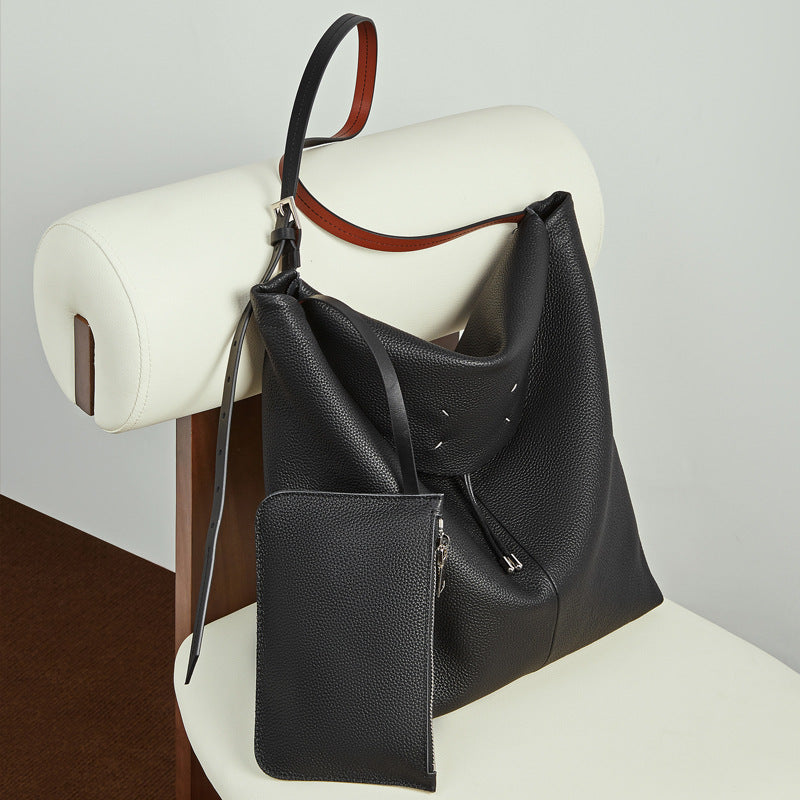 Women's Genuine Leather Slouch Tote Bag with Adjustable Strap & Detachable Pouch