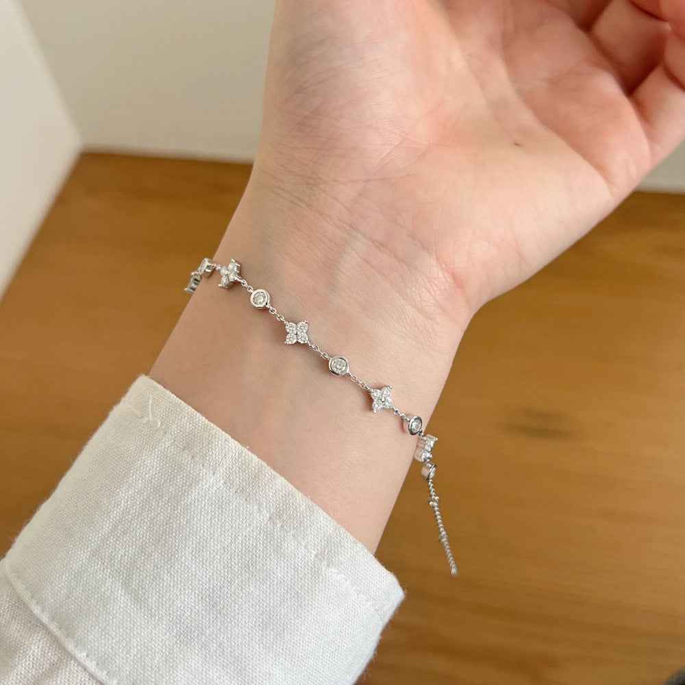 925 Sterling Silver Flutter Bloom Clover & Butterfly Moissanite Bracelet 18K White Gold