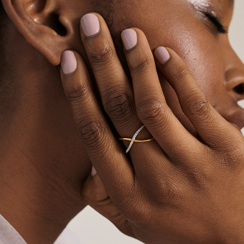 “Double Orbit” S925 Sterling Silver Two-Band Crossed Zircon Ring
