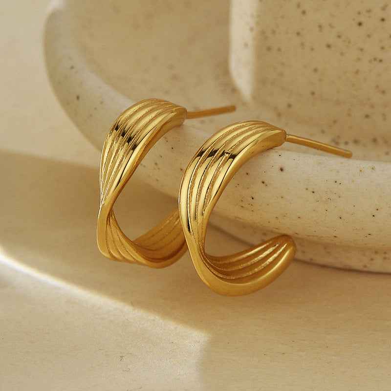 925 Sterling Silver Twist Line Sculpted Hoop Earrings 18K Gold or Rhodium Plated