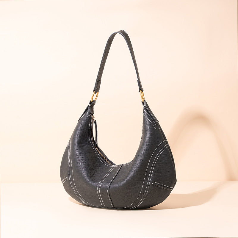 Women's Pebbled Cowhide Curved Hobo Bag with Contrast Stitching